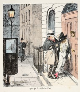 Le abitudini del signor Lambkins peggiorano sempre di più! Alle 3 del mattino viene messo in piedi (molto allegro) contro la sua porta da un tassista di buon cuore, da The Bachelors Own Book o il progresso del signor Lambkins da George Cruikshank